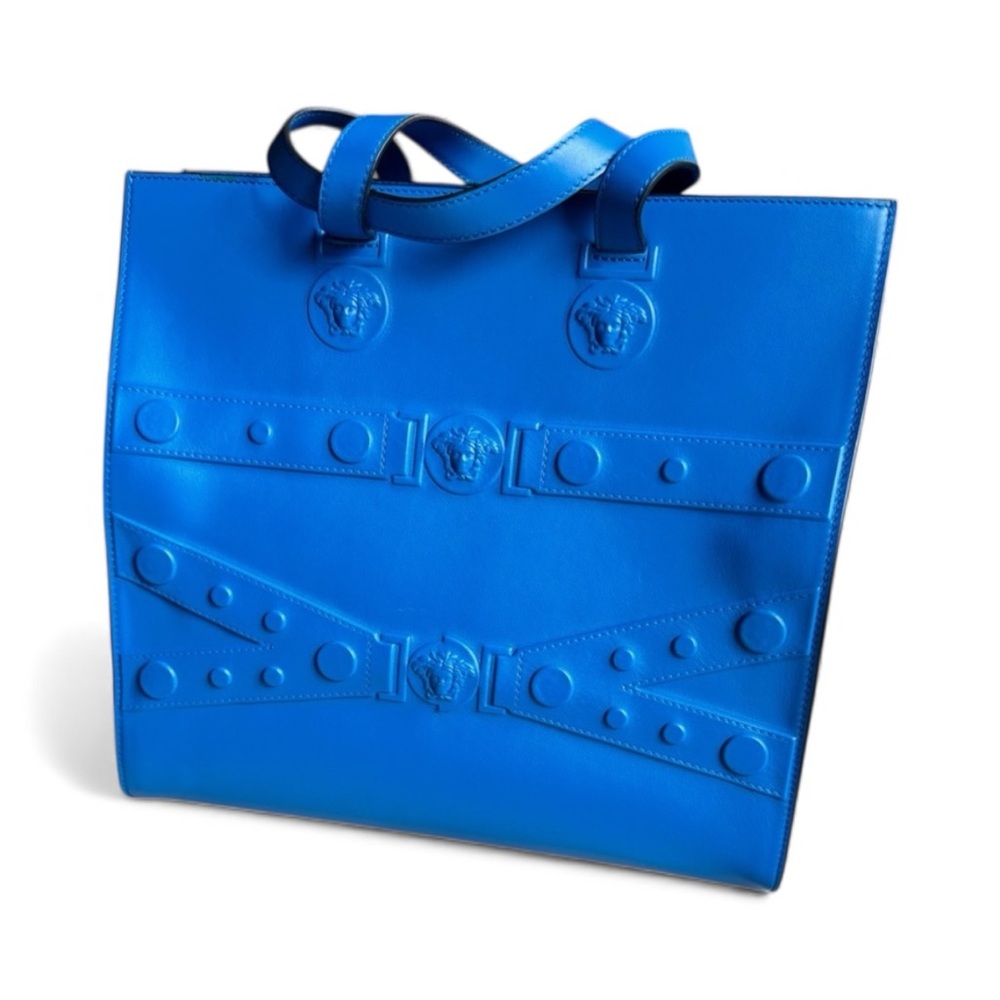 Versace Tribute Blue Tote with Crossbody Strap – Medusa Embossed Leather NWT